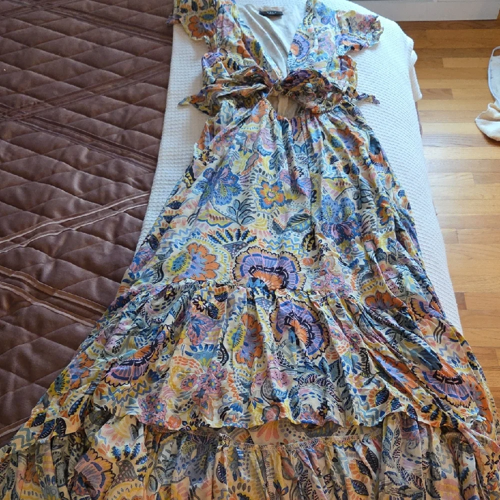 Vici Floral Maxi High- Low Dress in Blue and Yellow Floral Design With Tie - Picture 1 of 8